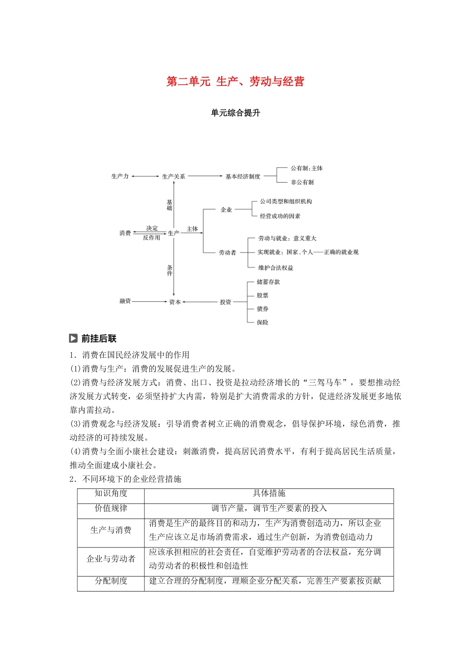 （鲁京津琼专用）高考政治大一轮复习 第二单元 生产、劳动与经营单元综合提升 核心知识整合讲义-人教版高三全册政治教案_第1页