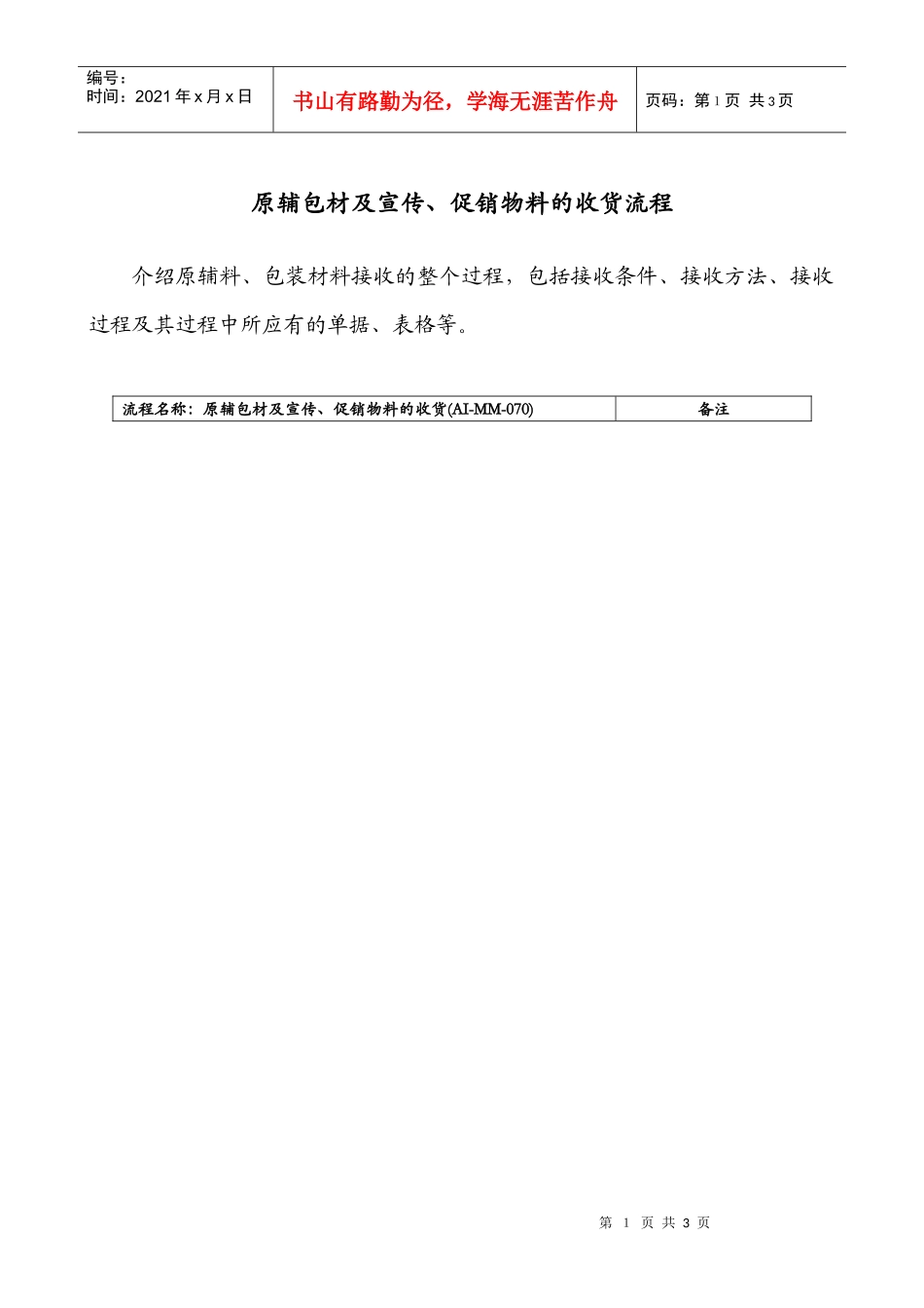 医药行业-原辅&包装材料及宣传&促销物料的收货标准流程_第1页