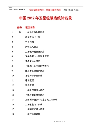 中国XXXX年五星级饭店统计名录