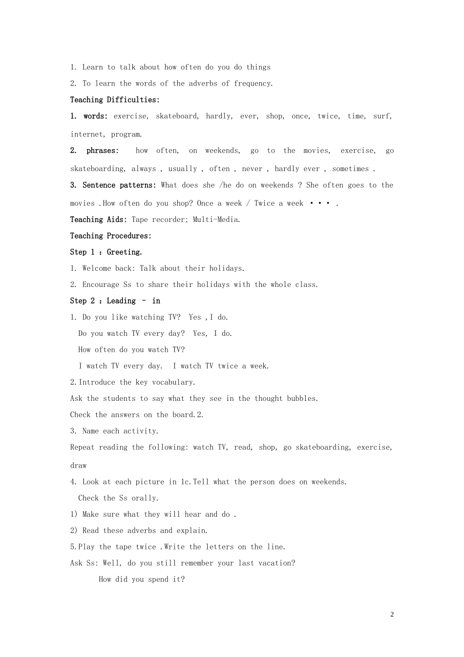 高中英语 Unit1 How often do you exercise 1教案 北师大版_第2页
