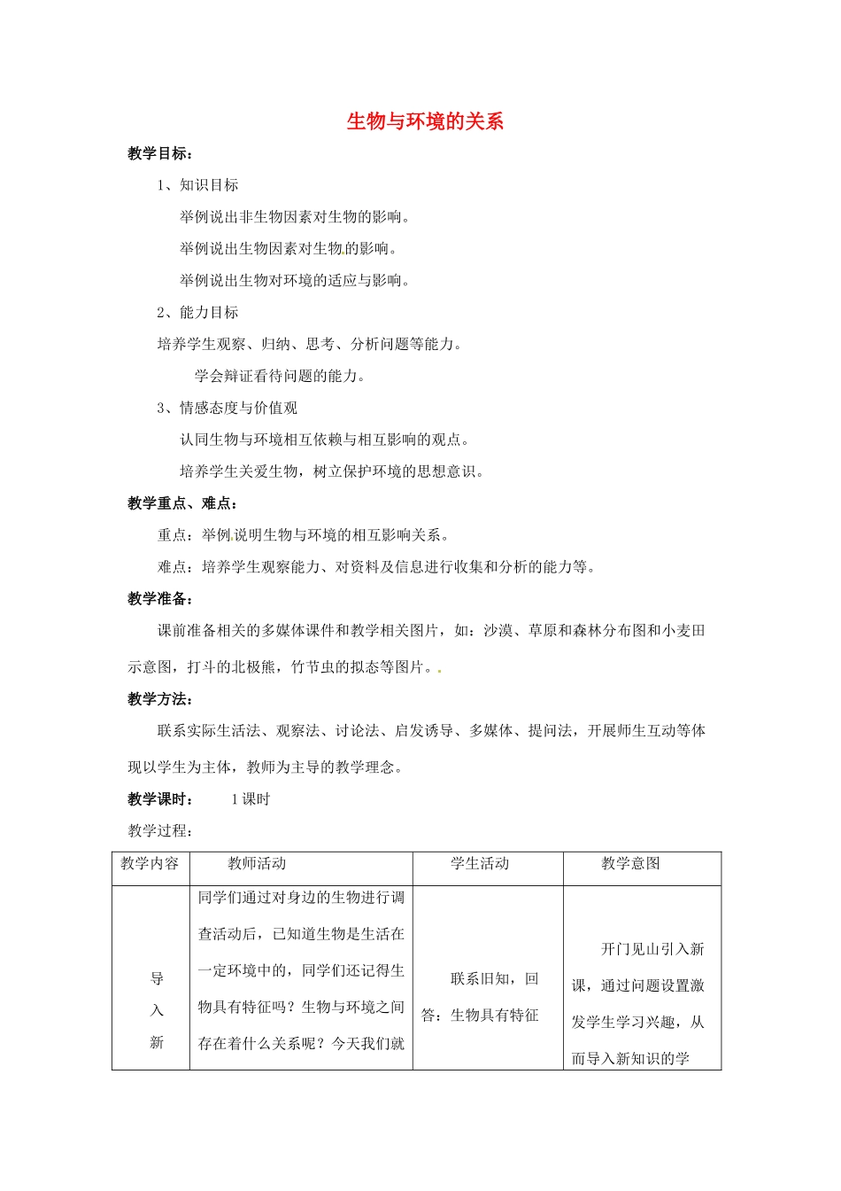 山东省平度市蓼兰镇何家店中学七年级生物上册 2.1 生物与环境的关系教案 （新版）新人教版_第1页