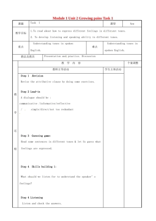 高中英语 Module 1 Unit 2 Growing pains Task 1教案 牛津泽林版必修1-人教版高一必修1英语教案