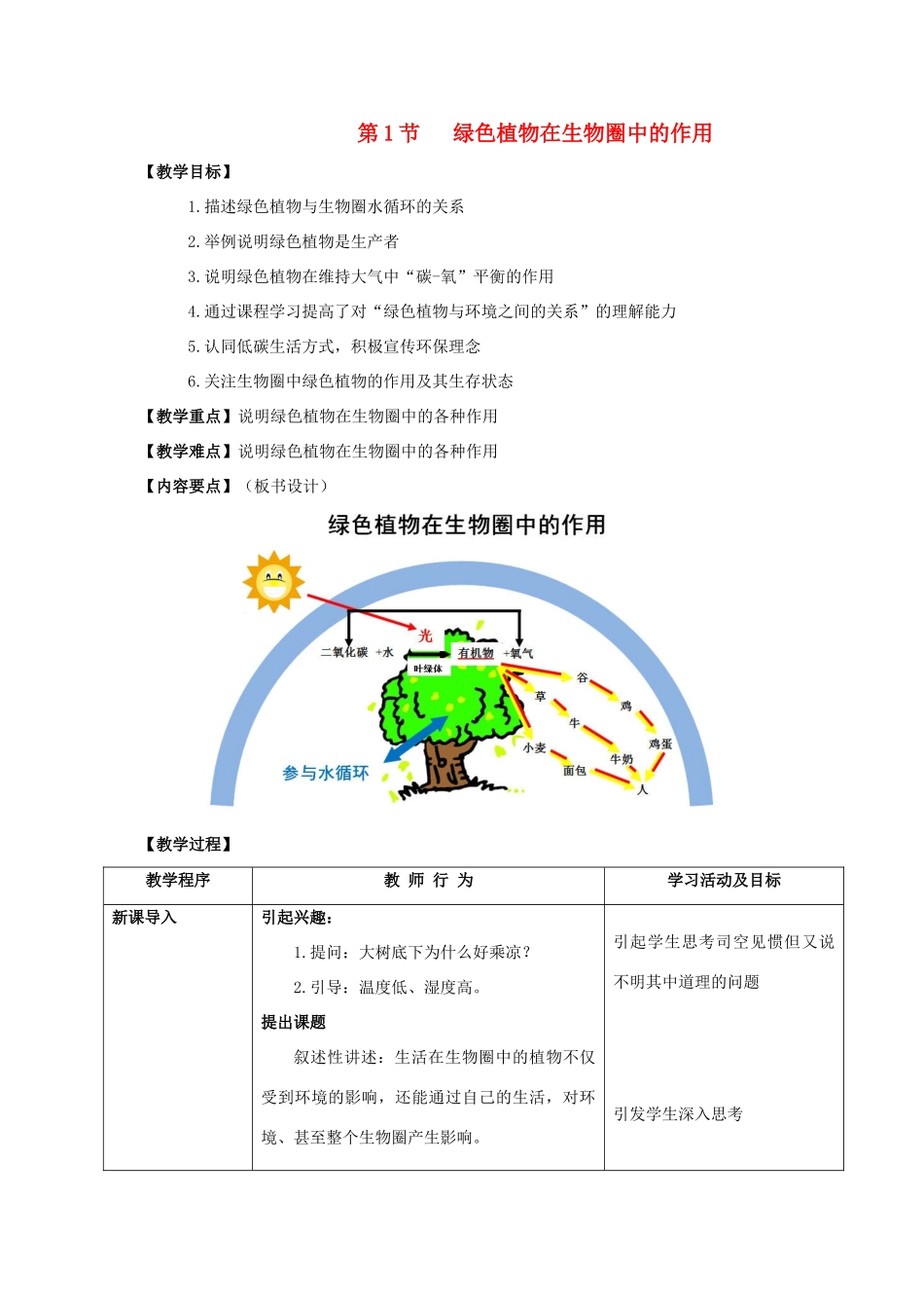 七年级生物上册 7.1 绿色植物在生物圈中的作用教案（1） 北师大版-北师大版初中七年级上册生物教案_第1页