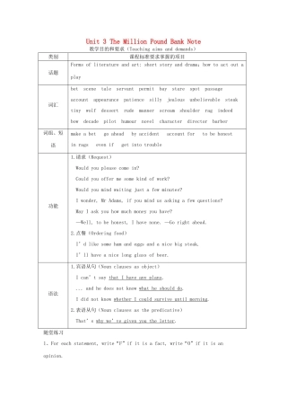 高中英语 Unit3 The Million Pound Bank Note教案 新人教版必修3-新人教版高一必修3英语教案