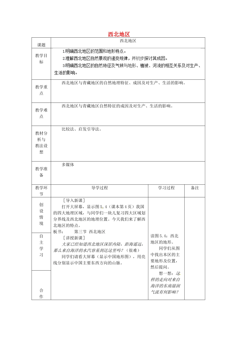 山东省临沂市蒙阴县第四中学八年级地理会考复习 西北地区教案 新人教版_第1页