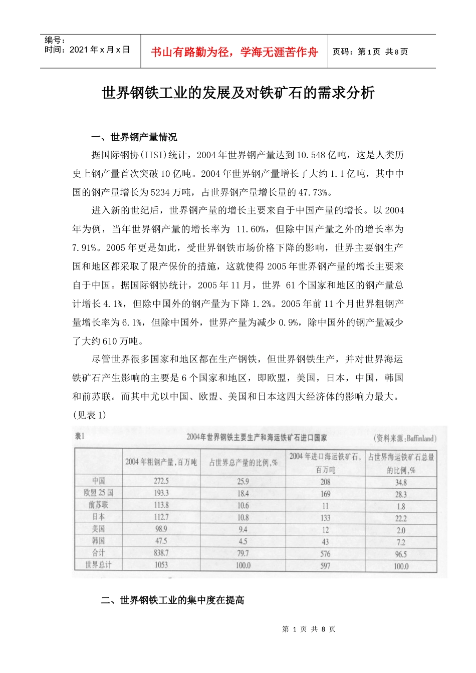 世界钢铁工业的发展及对铁矿石的需求分析(1)_第1页