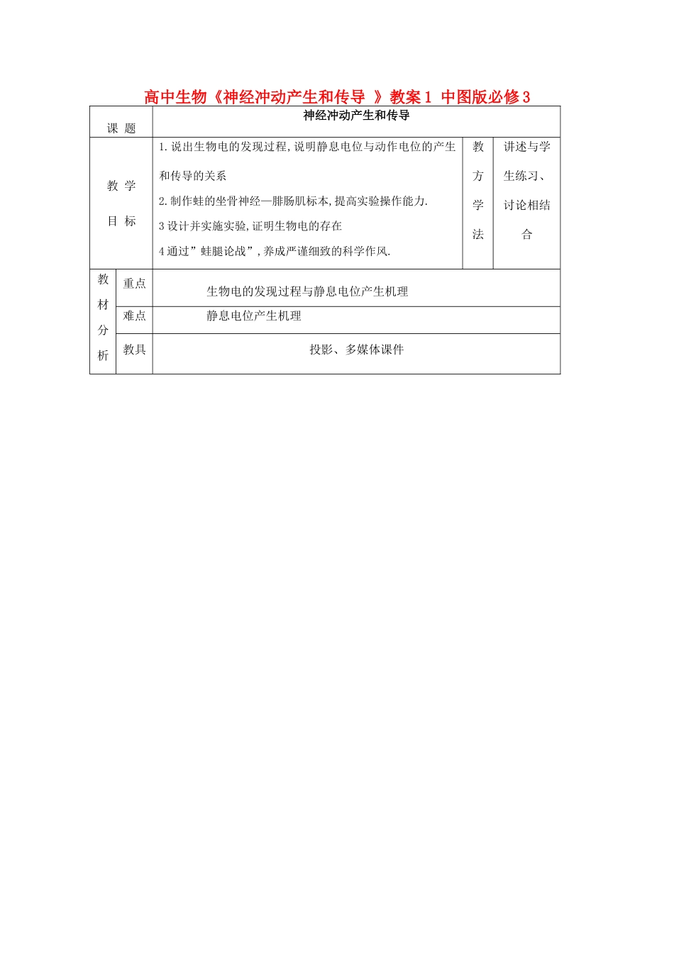 高中生物《神经冲动产生和传导 》教案1 中图版必修3_第1页