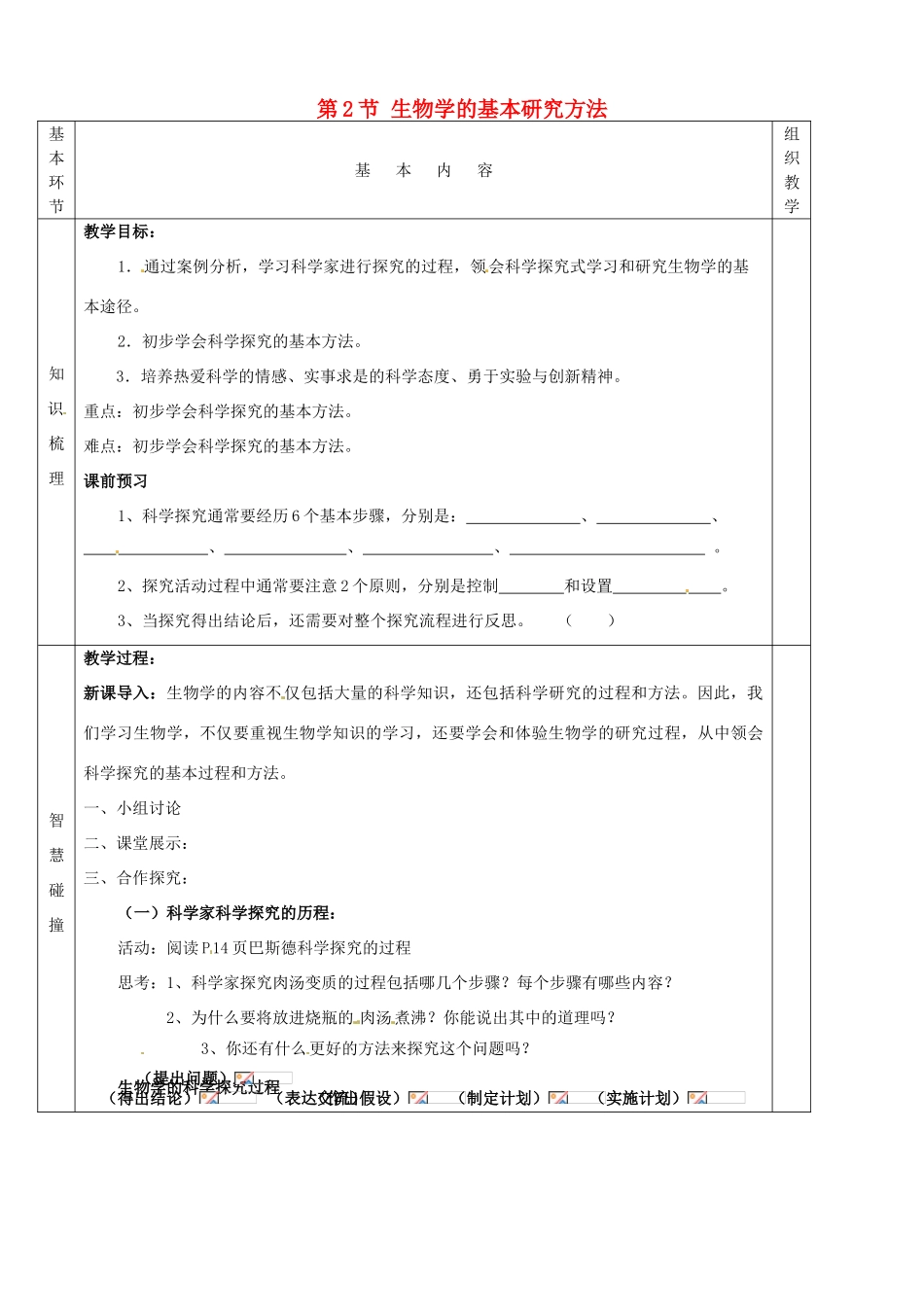 七年级生物上册《第1单元 第一章 第二节 生物学的基本研究方法》教案1 （新版）苏科版-（新版）苏科版初中七年级上册生物教案_第1页