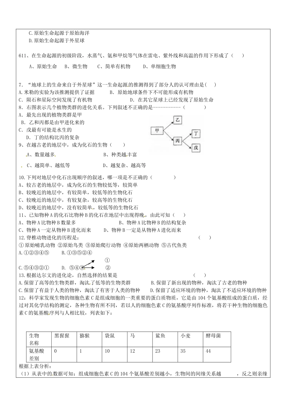 山东省郯城三中八年级生物《生物的进化》教案 人教新课标版_第2页