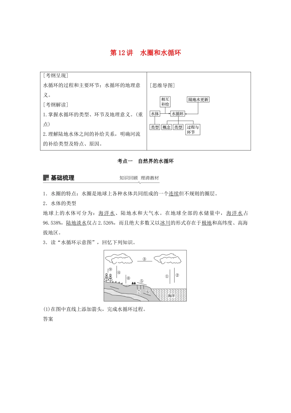 版高考地理新导学大一轮复习 第一册 第三单元 从地球圈层看地理环境 第12讲 水圈和水循环讲义（含解析）鲁教版-鲁教版高三第一册地理教案_第1页