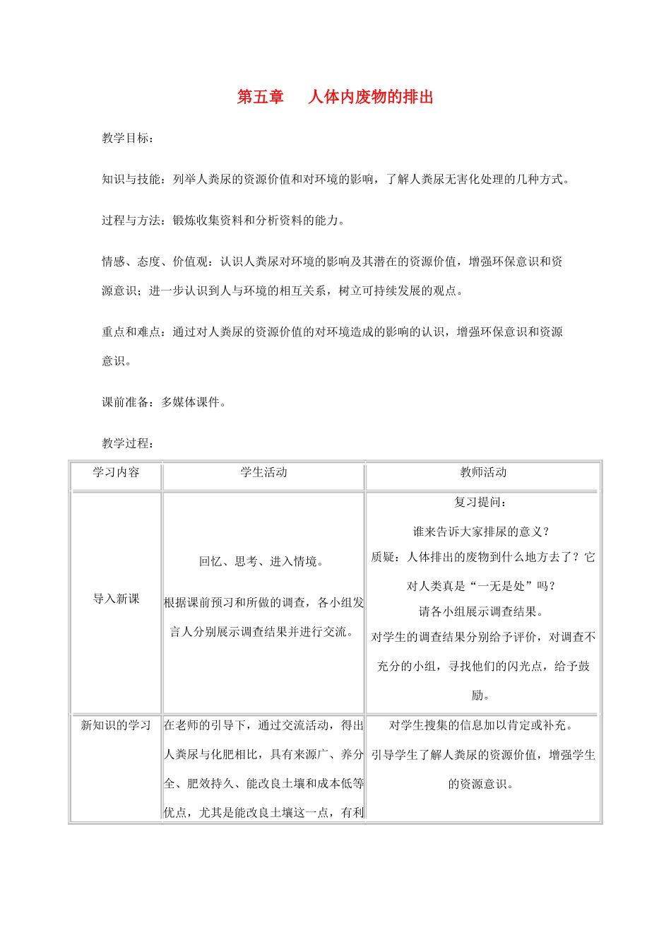 七年级生物下册 第四单元 生物圈中的人 第五章 人体内废物的排出本章综合名师教案 新人教版_第1页