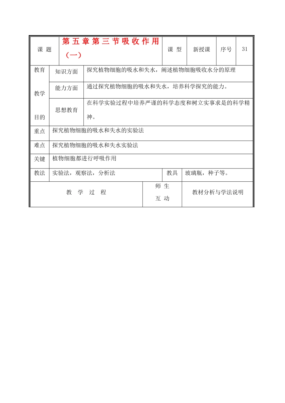 七年级生物上册 3.5.3吸收作用教案（一） 北师大版_第1页
