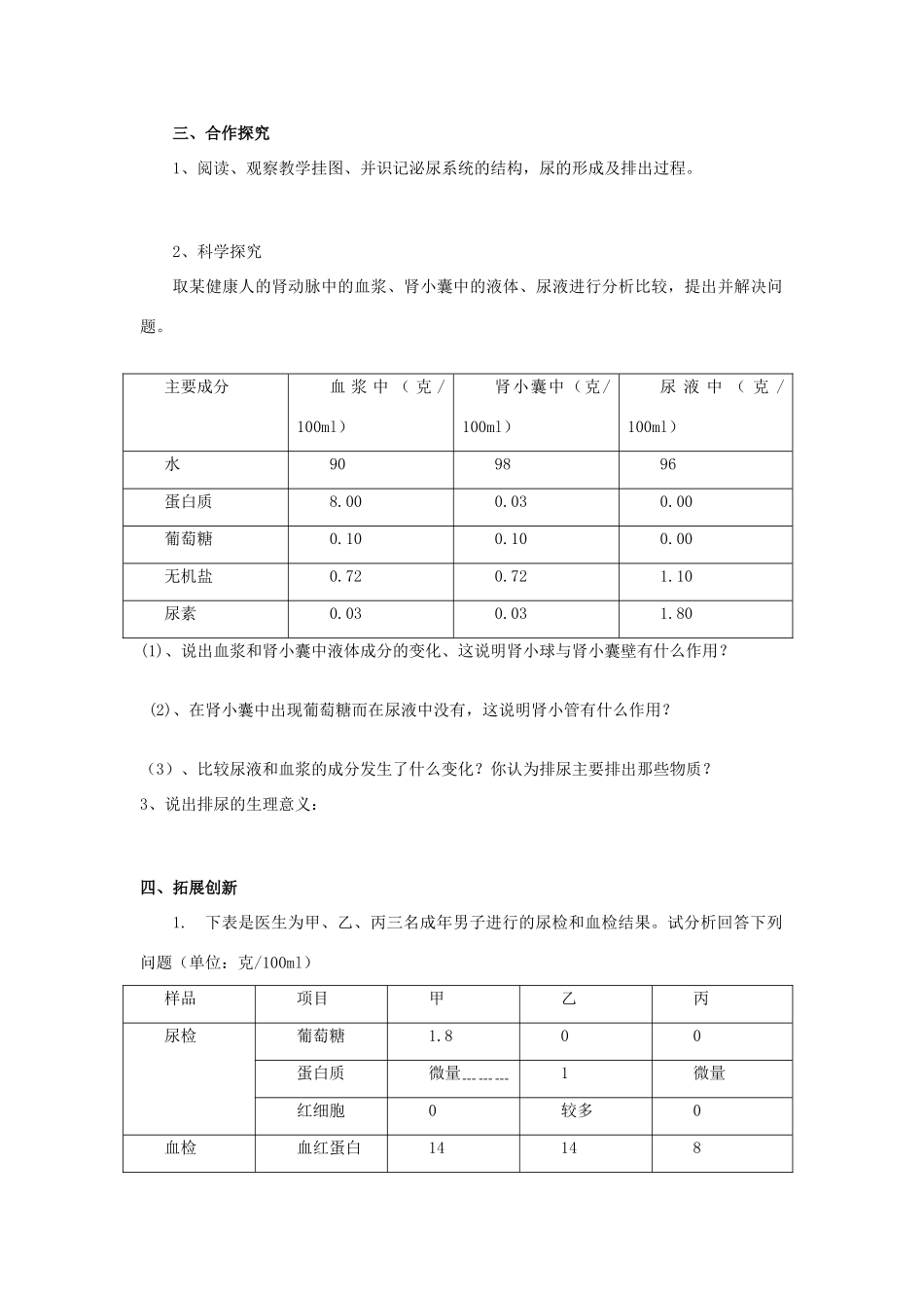 山东省泰安市新泰七年级生物下册 第四单元 第五章 人体内废物的排除学案（无答案） 新人教版_第2页