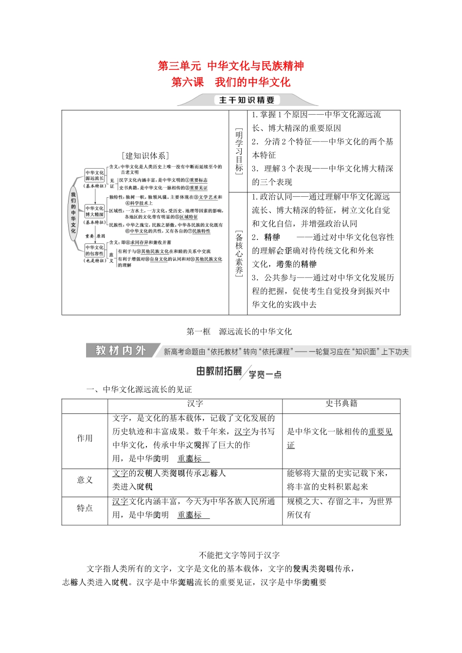 （新课改省份专用）高考政治一轮复习 第三单元 第六课 我们的中华文化讲义 新人教版必修3-新人教版高三必修3政治教案_第1页