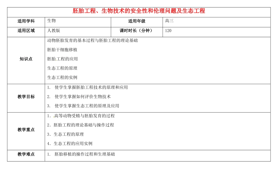高三生物总复习 胚胎工程、生物技术的安全性和伦理问题及生态工程教案-人教版高三全册生物教案_第1页