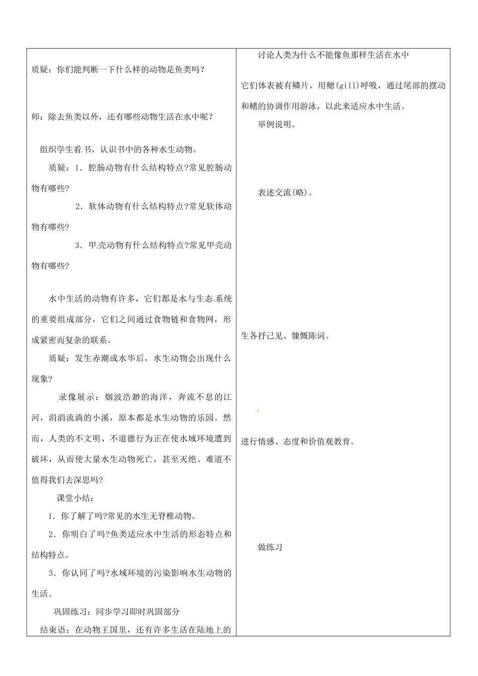 山东省郯城县第三初级中学七年级生物上册《水中生活的动物》教案 新人教版_第3页