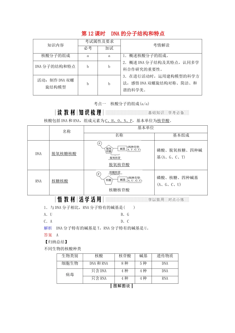 高中生物 第三章 遗传的分子基础 第12课时 DNA的分子结构和特点教案（必修2）-人教版高中必修2生物教案_第1页