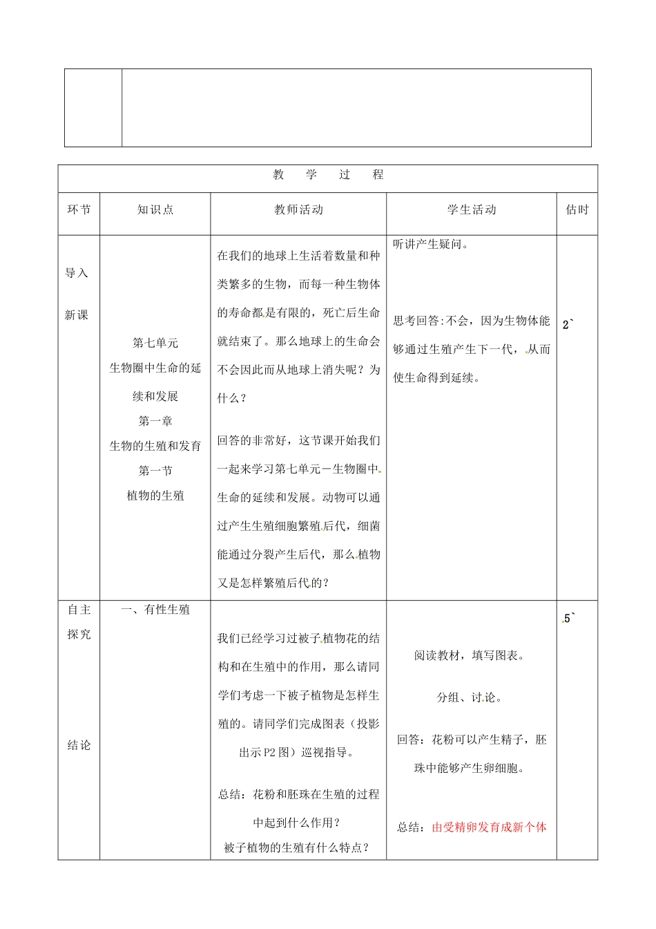 山东省临沭县第三初级中学八年级生物下册 植物的生殖教案 新人教版_第2页