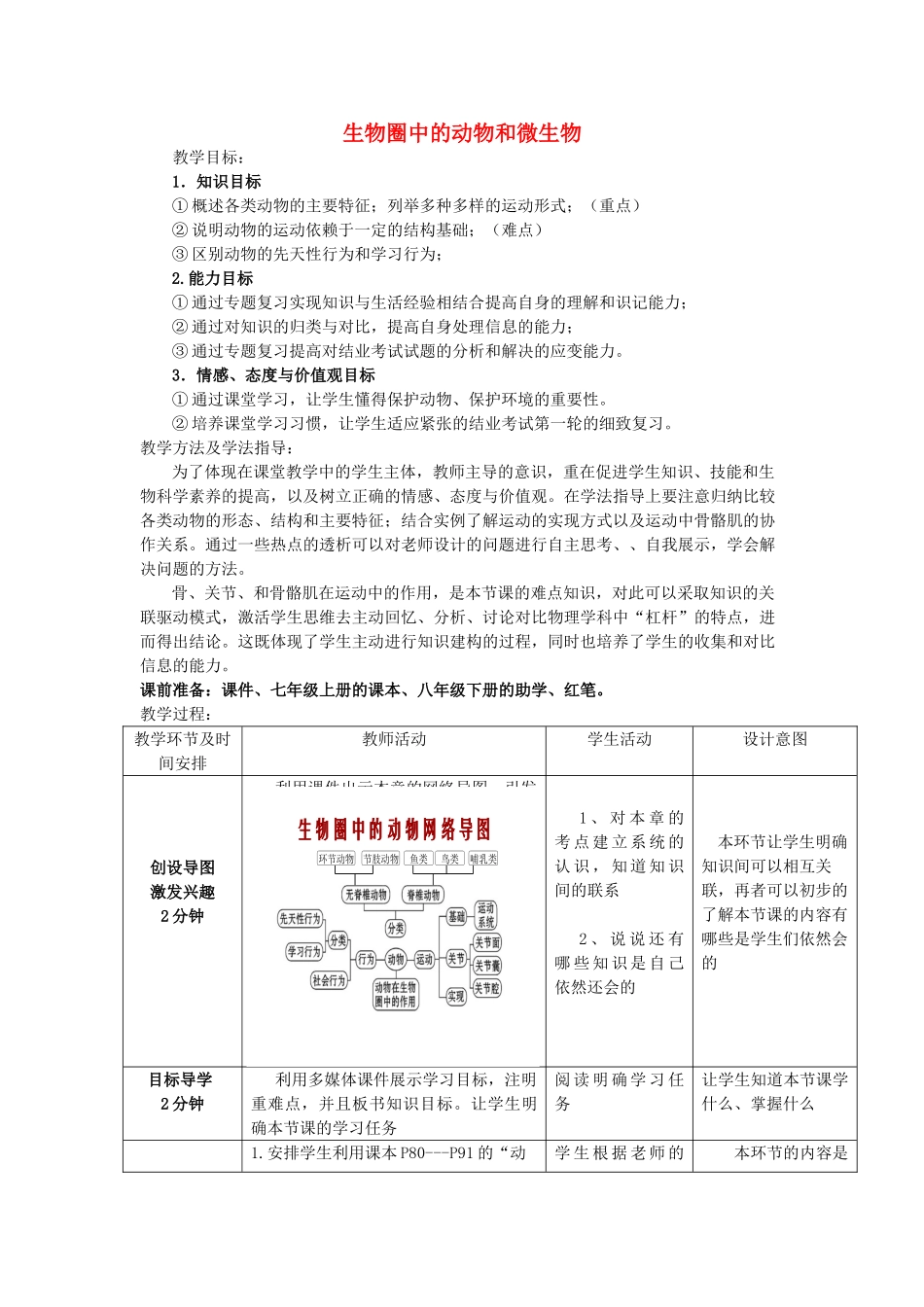 -七年级生物上册 第2单元 第2章 生物圈中的动物专题复习优秀教案 （新版）济南版-（新版）济南版初中七年级上册生物教案_第1页