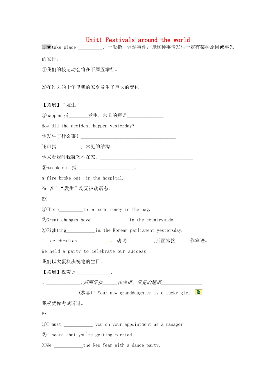 高中英语 Unit 1 Festivals around the world课堂检测 新人教版必修3_第1页