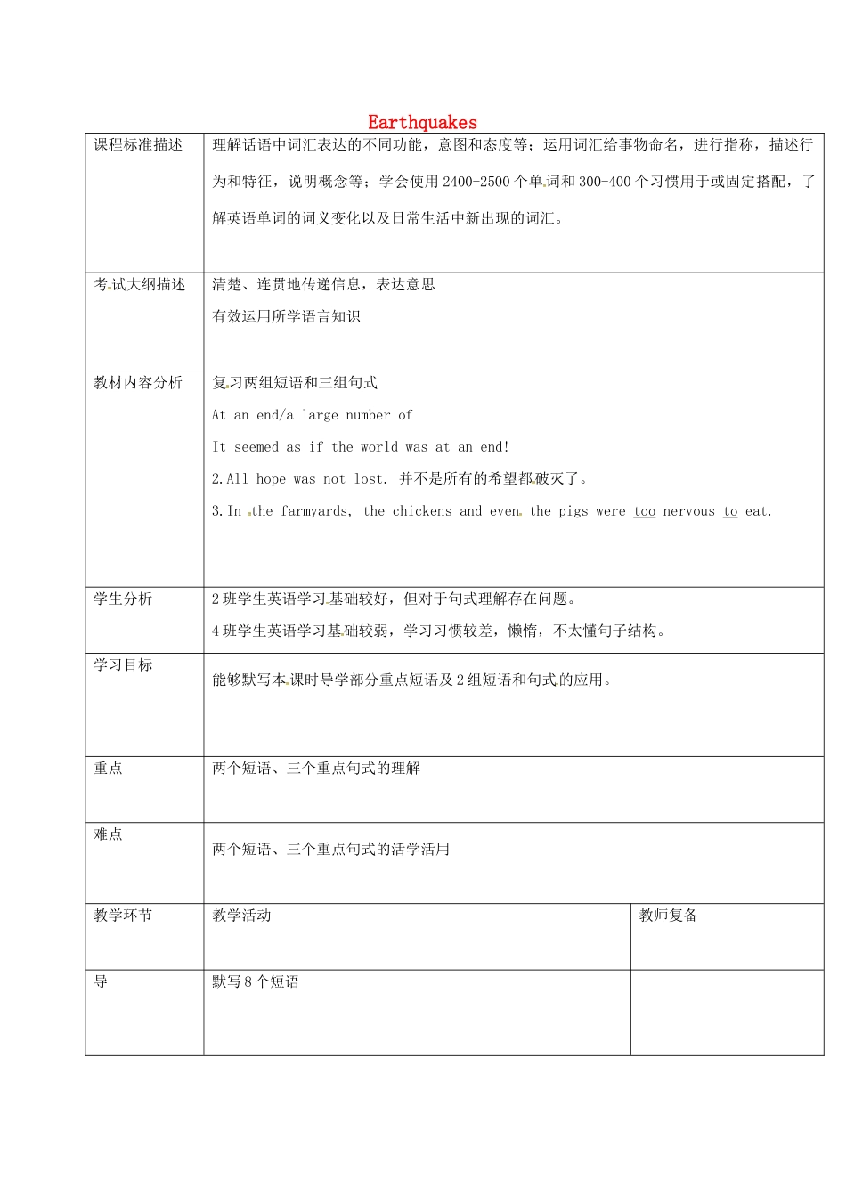 高中英语 Unit 4 Earthquakes（第2课时）教学设计 新人教版必修1-新人教版高一必修1英语教案_第1页