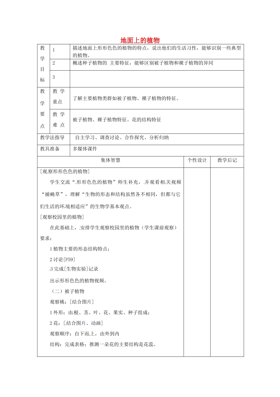 七年级生物下册 11.1 地面上的植物教案 苏科版-苏科版初中七年级下册生物教案_第1页