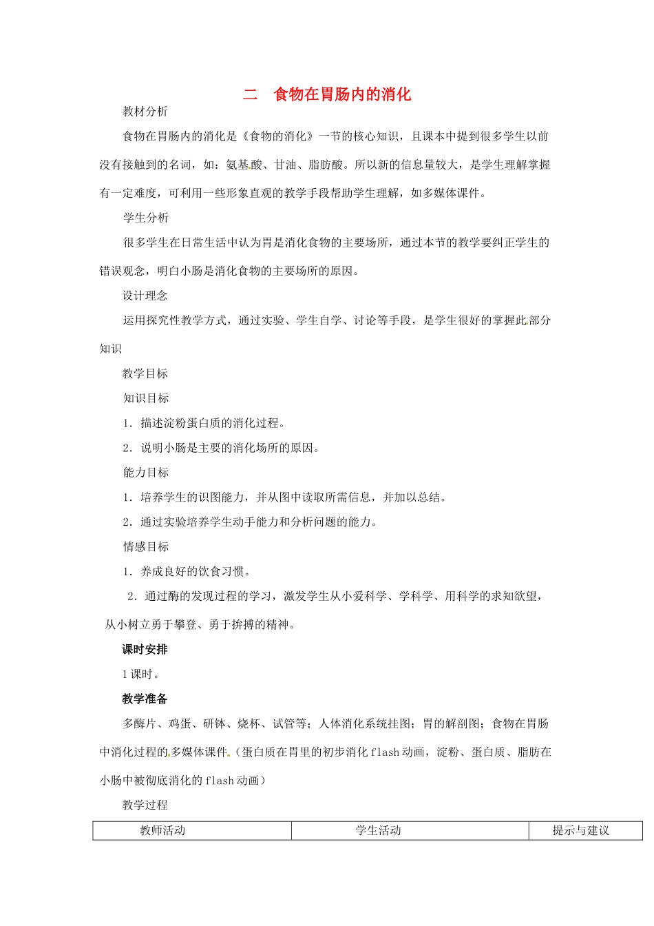 七年级生物下册 第一章《合理膳食 平衡营养》1.2.2 食物在胃肠内的消化教案 （新版）冀教版_第1页