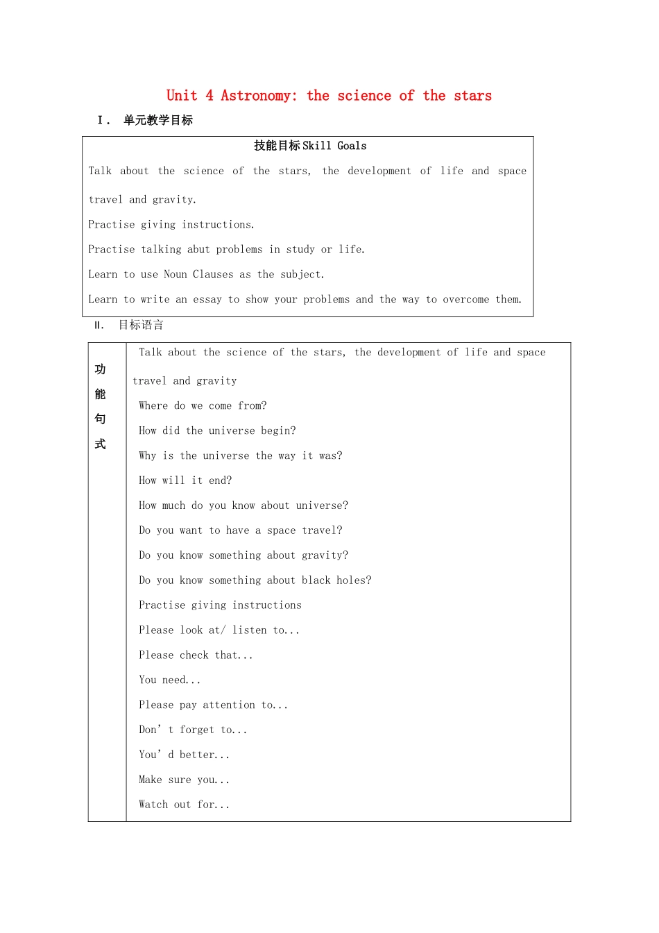 高中英语 Unit 4 Astronomy the science of the stars教案 新人教版必修3-新人教版高一必修3英语教案_第1页