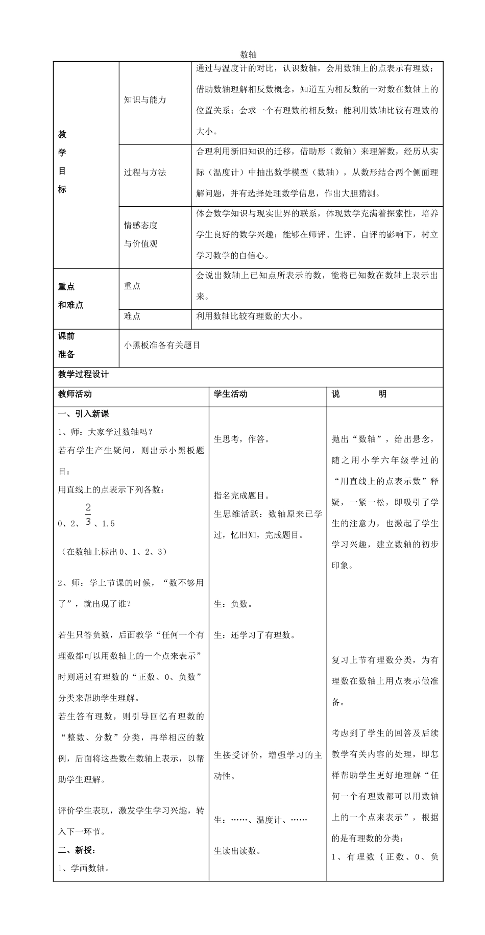 七年级数学上册 2.2 数轴教学设计 （新版）北师大版-（新版）北师大版初中七年级上册数学教案_第1页