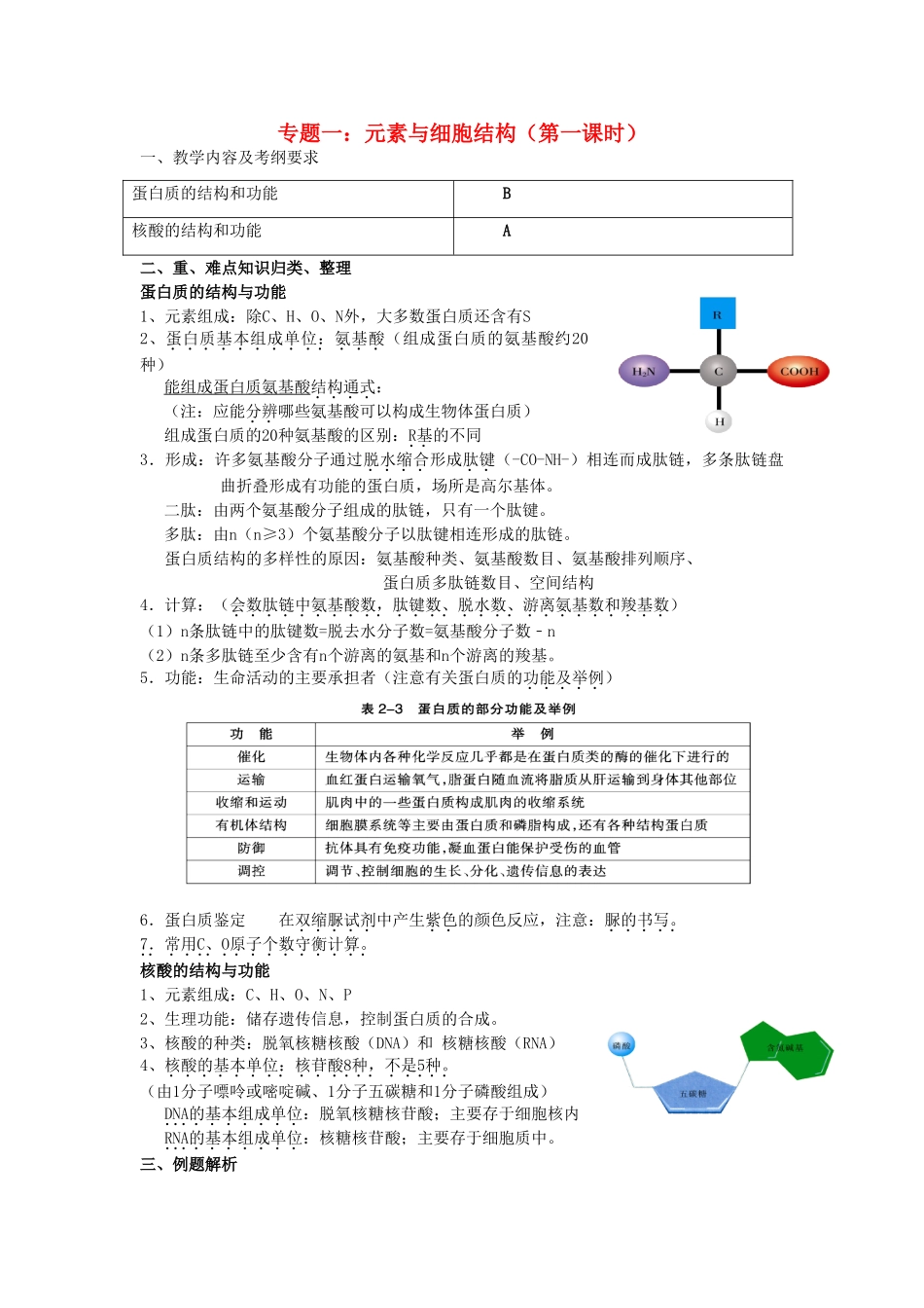 高三生物 专题一 元素与细胞结构（第一课时）教案_第1页