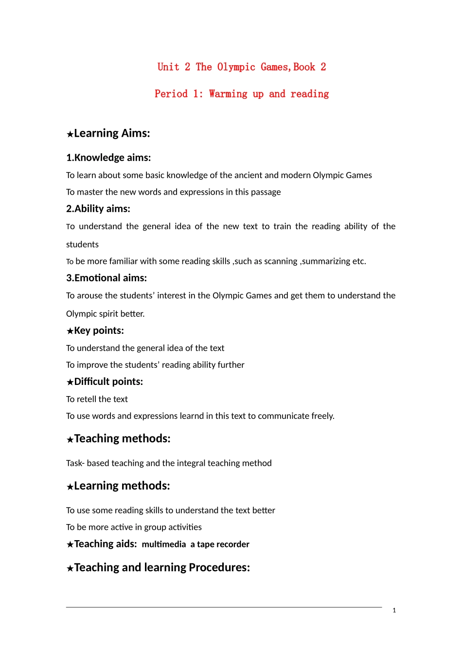 高中英语 unit2《the Olympic games—warming up and reading》教案新人教版必修2_第1页