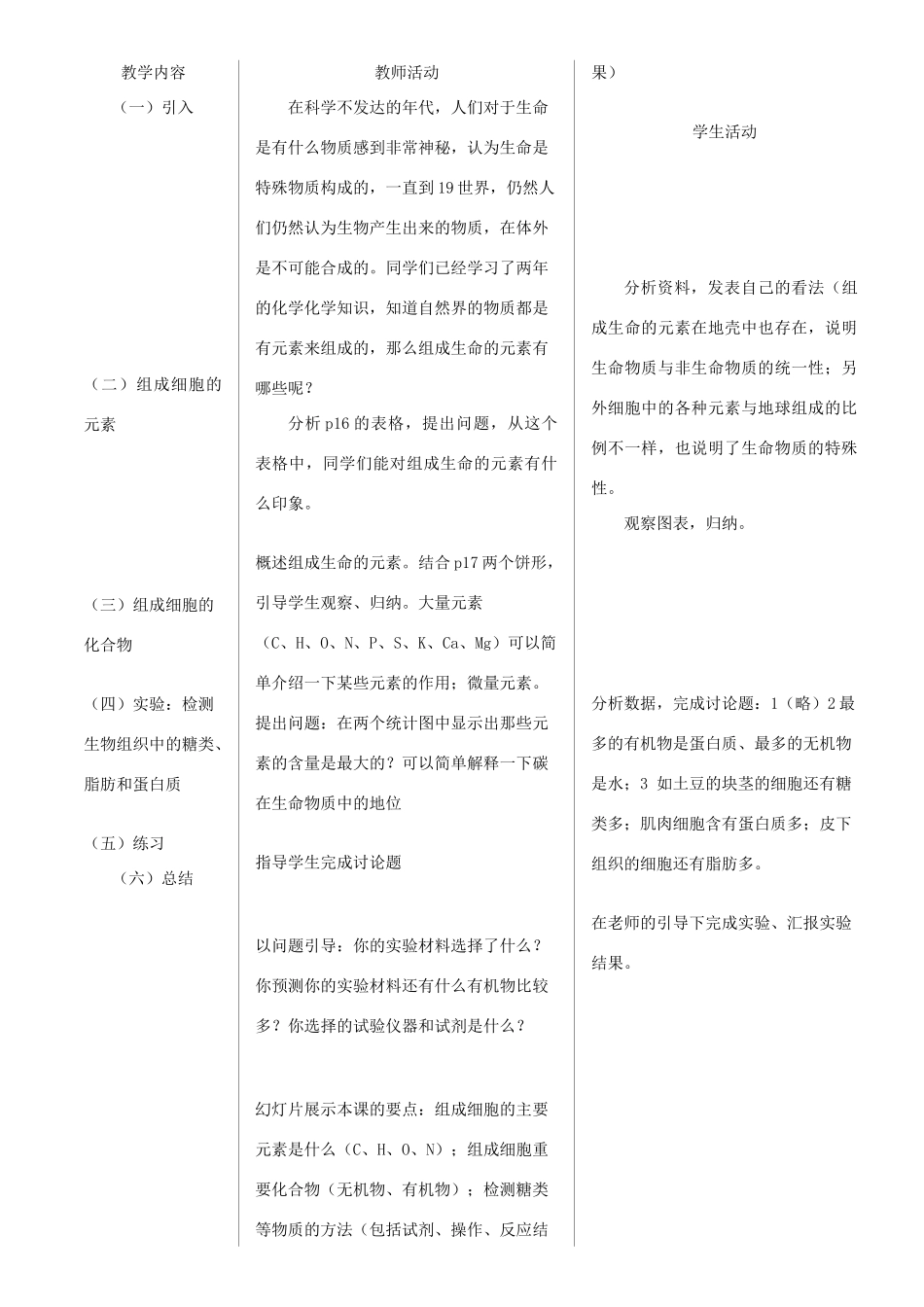 高中生物：第二章《组成细胞的分子》教案（辽宁适用） 新人教版_第3页