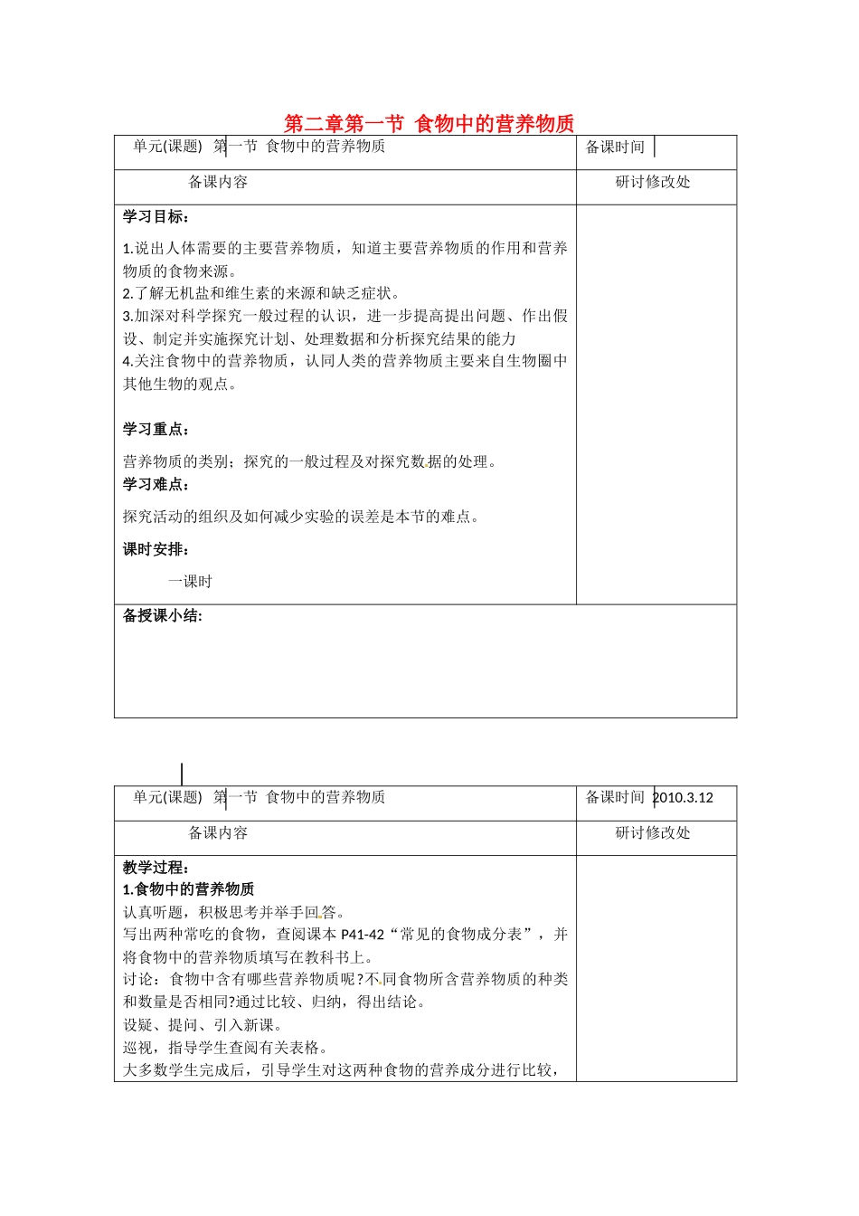 七年级生物下册：第2章 人体的营养（复习教案）人教版_第1页