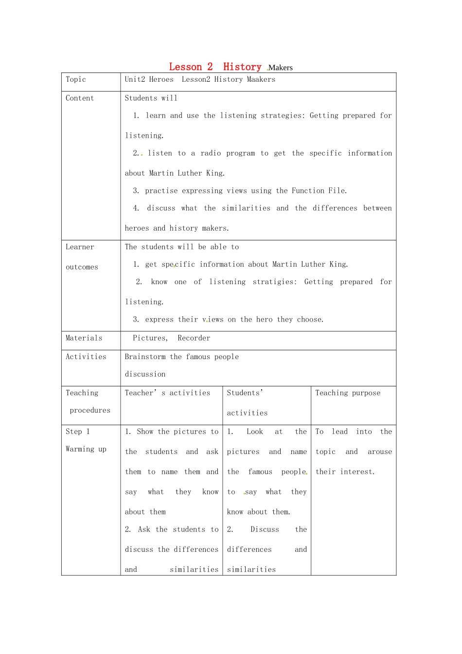 高中英语 Unit2 Heroes Lesson2教案 北师大版必修1-北师大版高一必修1英语教案_第1页