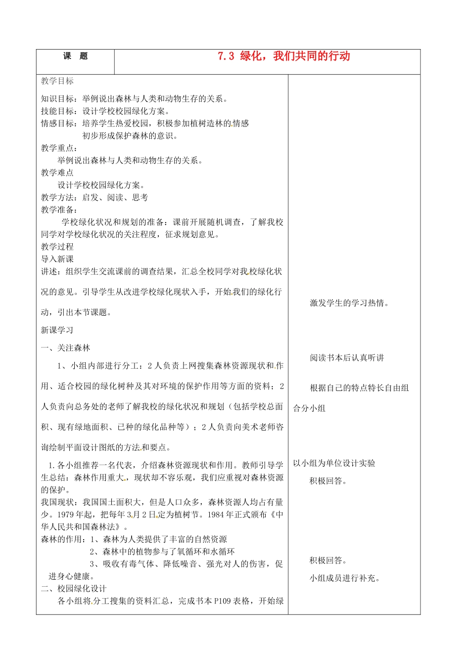 七年级生物上册 7.3 绿化，我们共同的行动2教案 苏教版_第1页