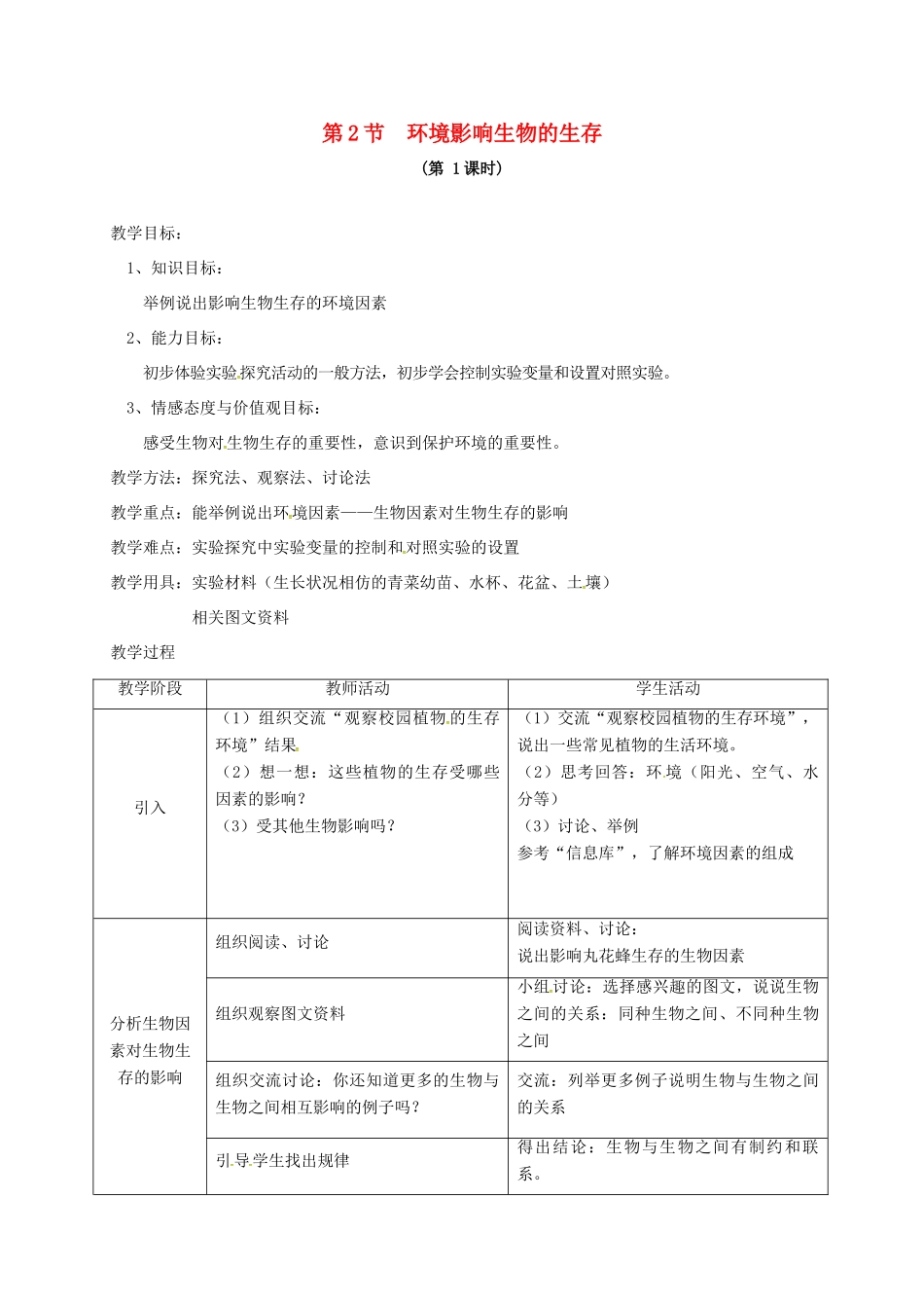 七年级生物上册 2.2 环境影响生物的生存教案1 苏科版-苏科版初中七年级上册生物教案_第1页