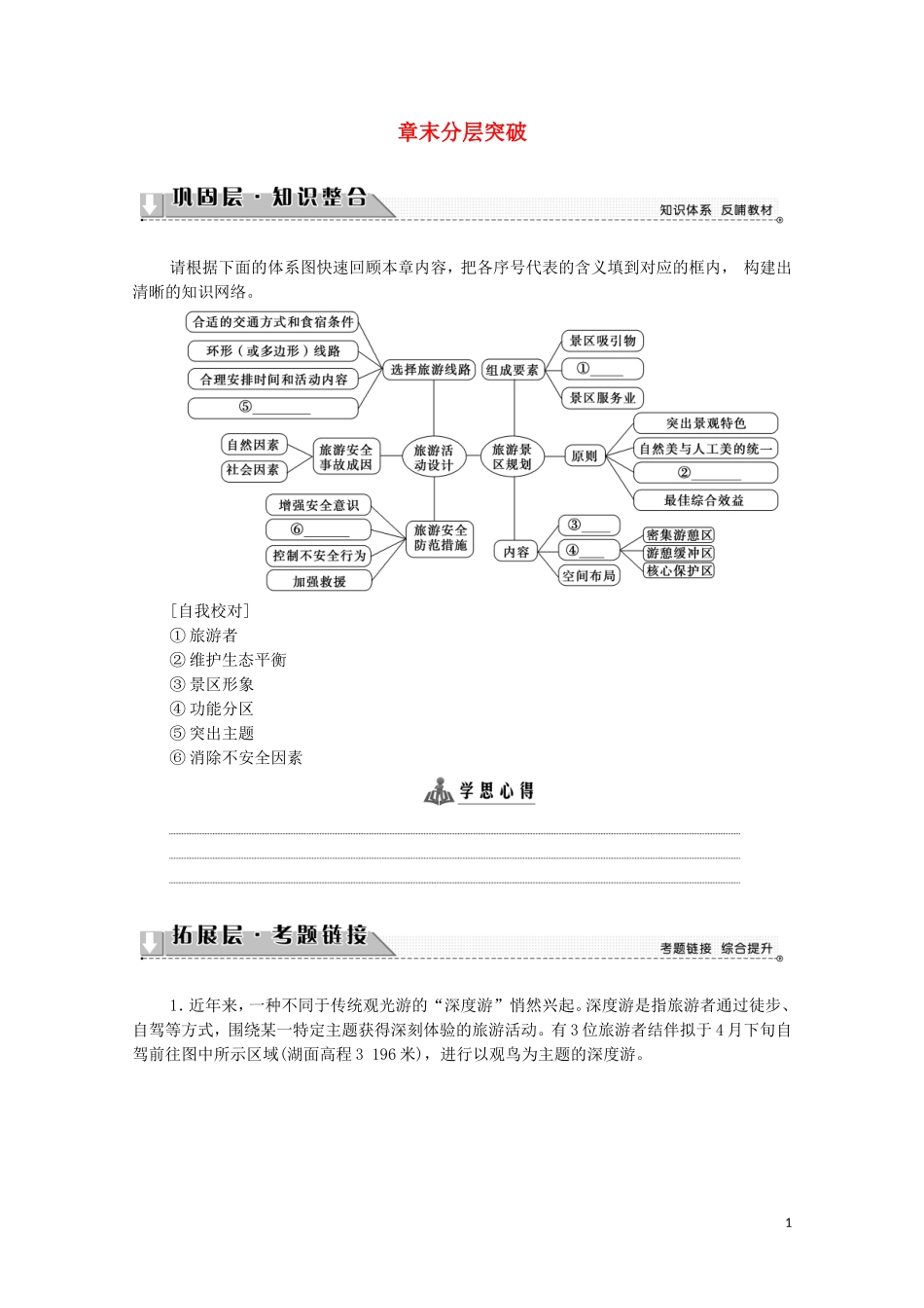 高中地理 第3章 旅游景区的规划与旅游活动设计 章末分层突破教案 中图版选修3-中图版高中选修3地理教案_第1页