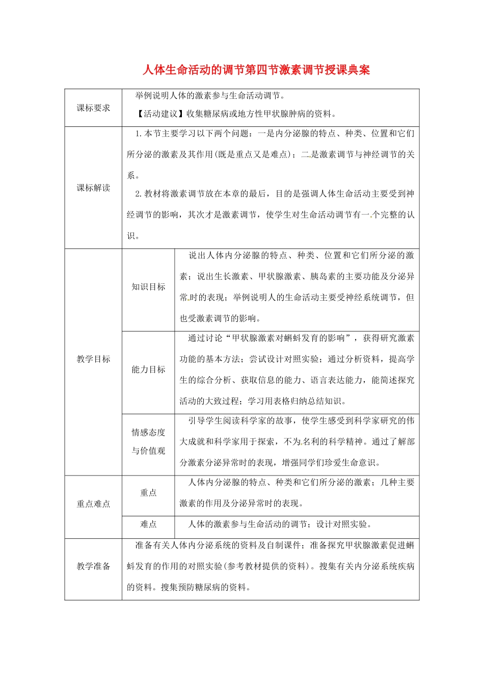 七年级生物下册 第四单元 第六章 人体生命活动的调节第四节激素调节授课典案 （新版）新人教版-（新版）新人教版初中七年级下册生物教案_第1页