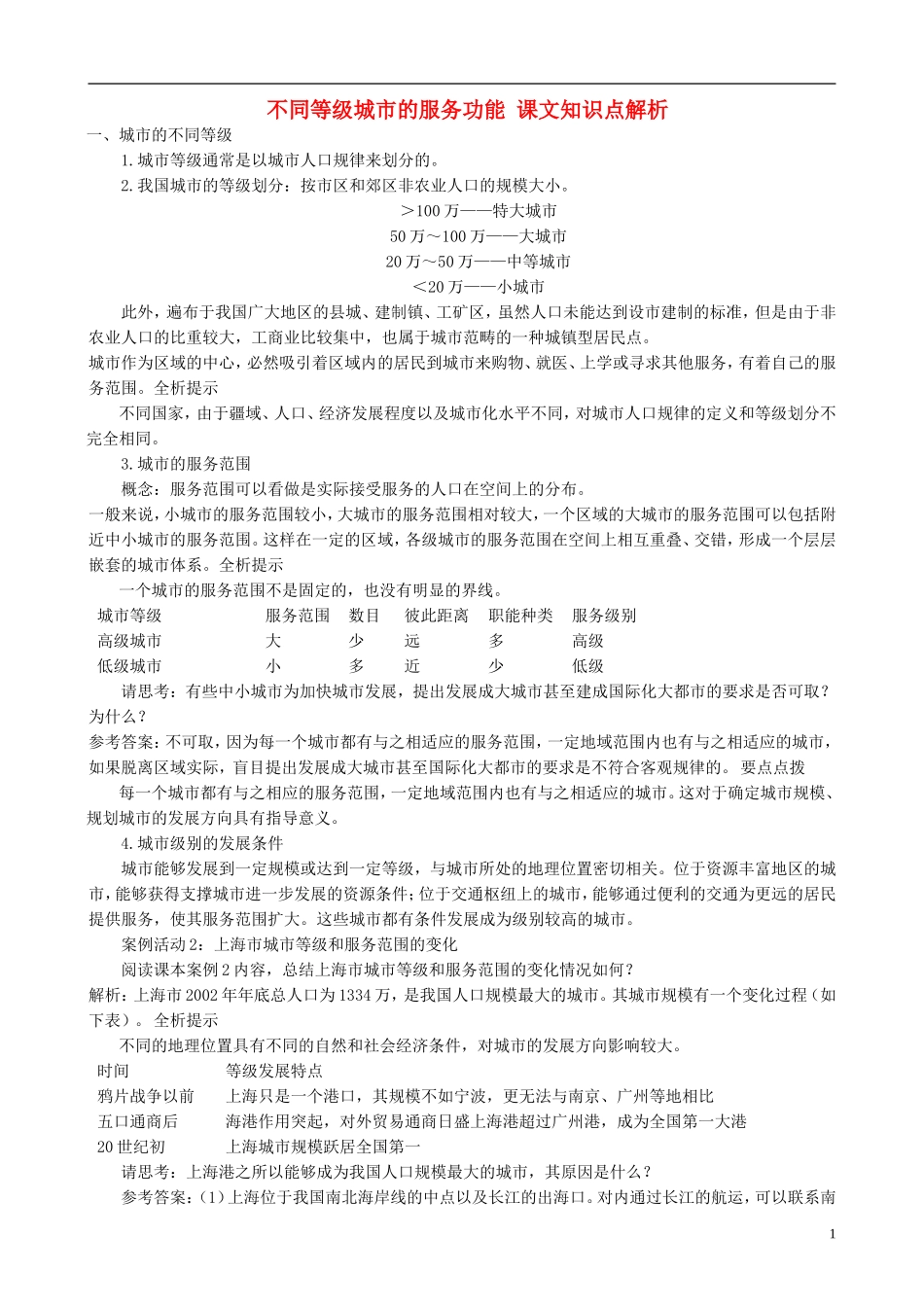 高中地理 2.2 不同等级城市的服务功能课文知识点解析 新人教版必修2_第1页