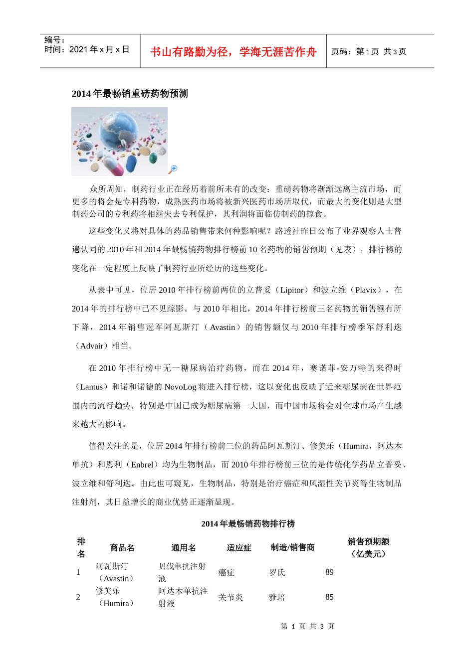 XXXX年最畅销重磅药物预测_第1页