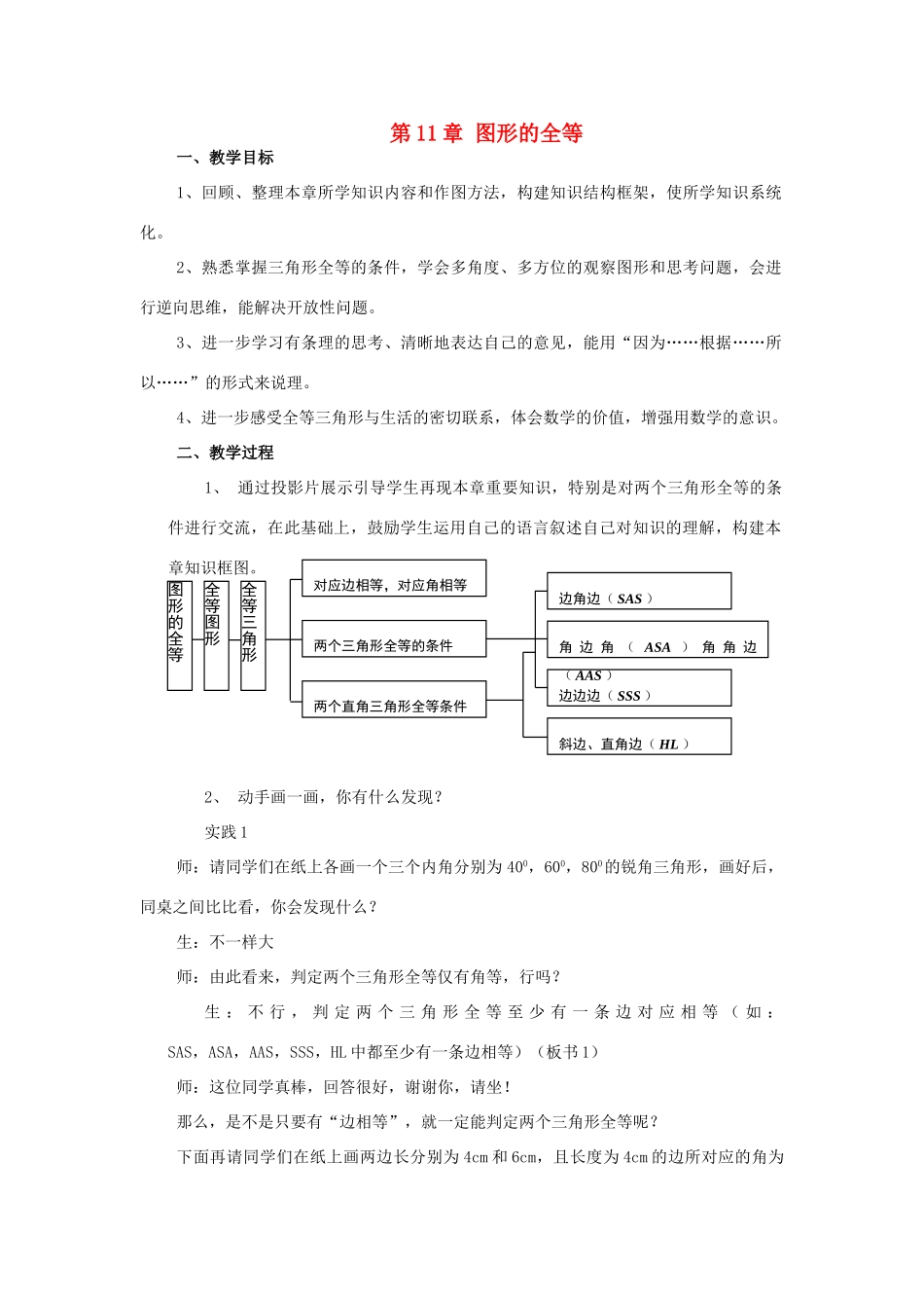 七年级数学下册：第11章图形的全等复习教案（苏科版）_第1页