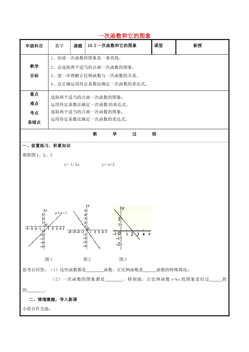 山东省聊城市高唐县八年级数学下册 10.2 一次函数和它的图象教案 （新版）青岛版-（新版）青岛版初中八年级下册数学教案_第1页