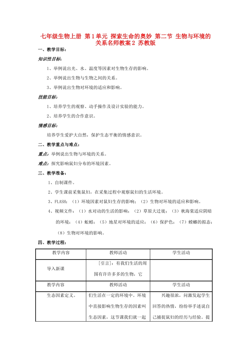 七年级生物上册 第1单元 探索生命的奥妙 第二节 生物与环境的关系名师教案2 苏教版_第1页
