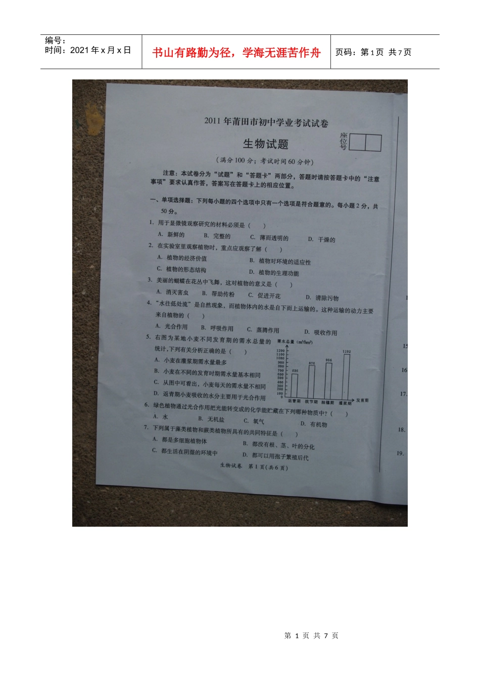 XXXX莆田初中生物结业考试_第1页