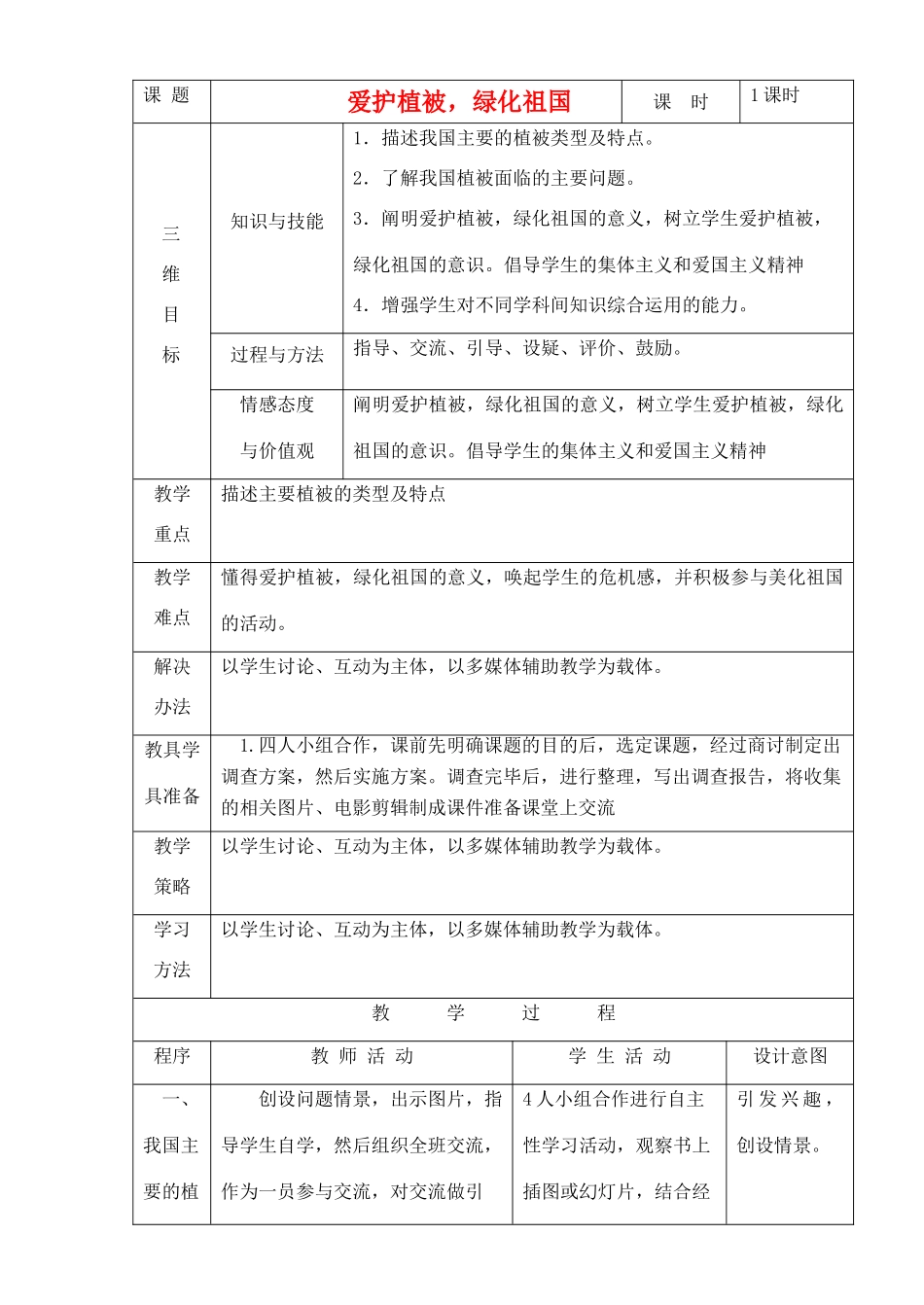 七年级生物上册 爱护植被 绿化祖国教案 人教新课标版_第1页