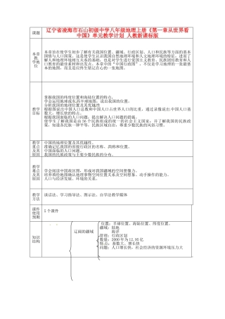 辽宁省凌海市石山初级中学八年级地理上册《第一章从世界看中国》单元教学计划 人教新课标版