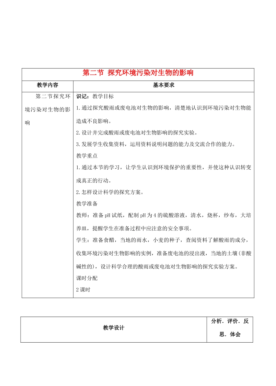 七年级生物下册 7.2 探究环境污染对生物的影响教学设计 人教版_第1页