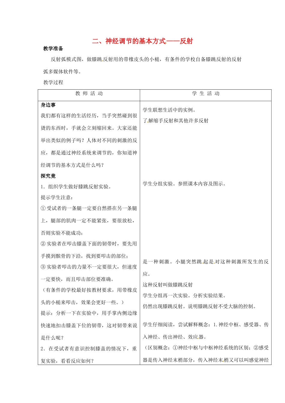 七年级生物下册 第四章《合理用脑 高效学习》4.2.2 神经调节的基本方式——反射教案 （新版）冀教版_第1页