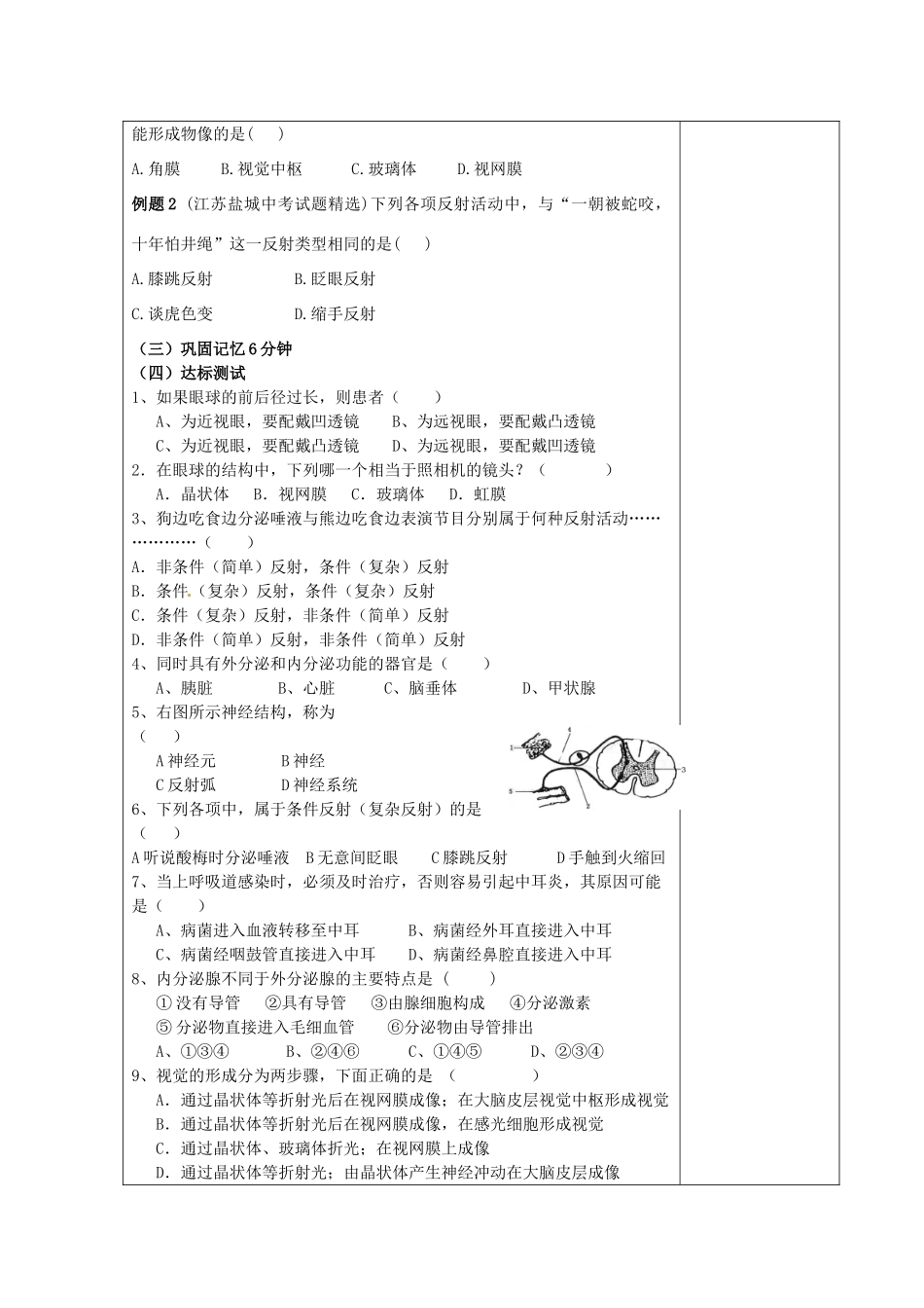 山东省泰安新泰市七年级生物下册 第六章 人体生命活动的调解复习教案 新人教版_第2页