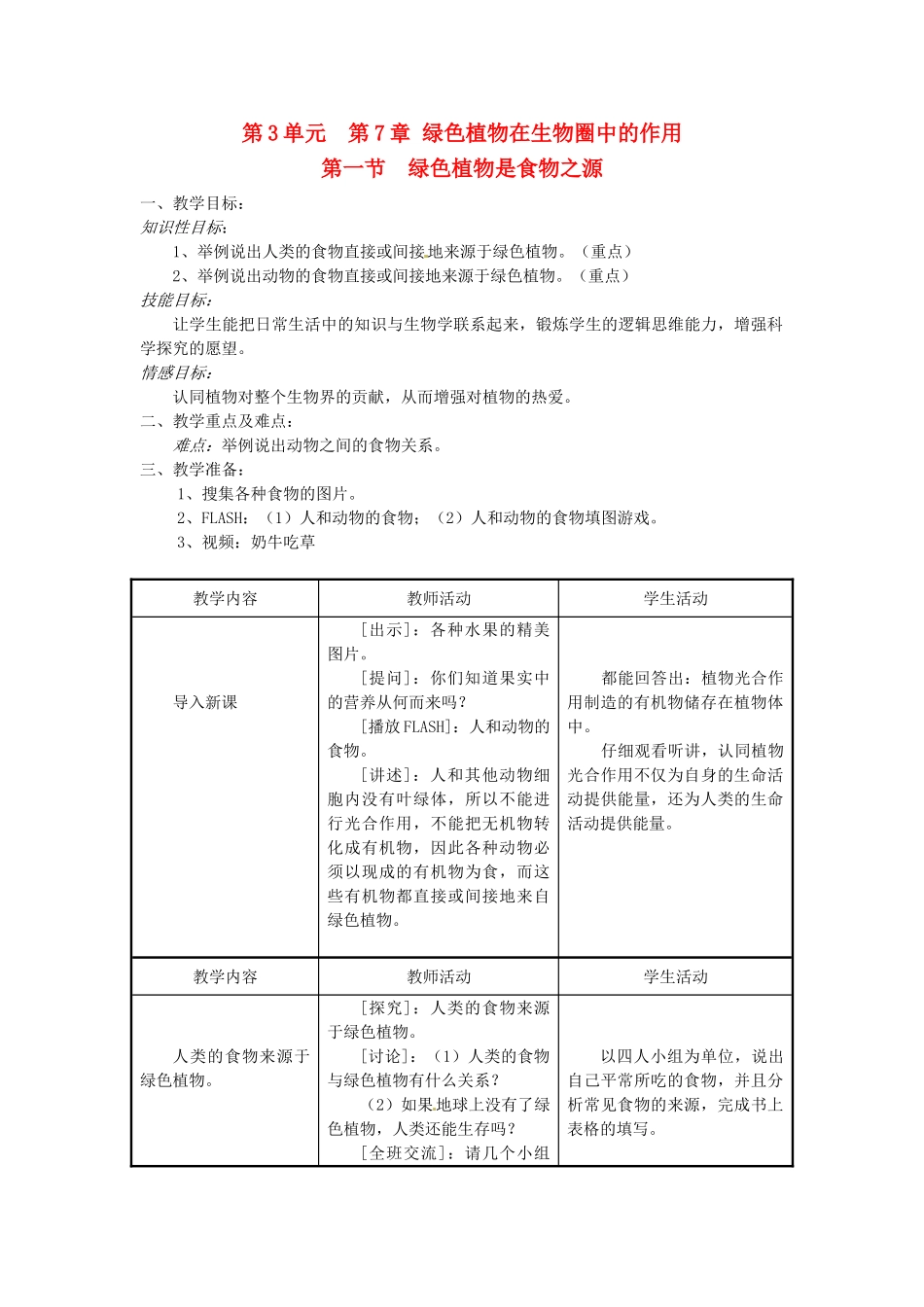 七年级生物上册 7.1 绿色植物是食物之源2教案 苏教版_第1页